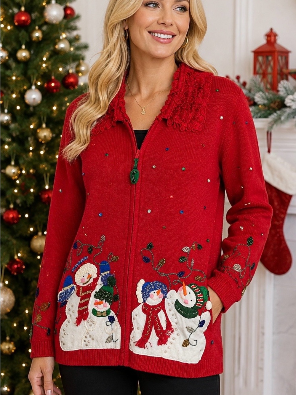 Vintage Stitches In Time Sweater Size M Red Beaded Christmas Snowman Cardigan